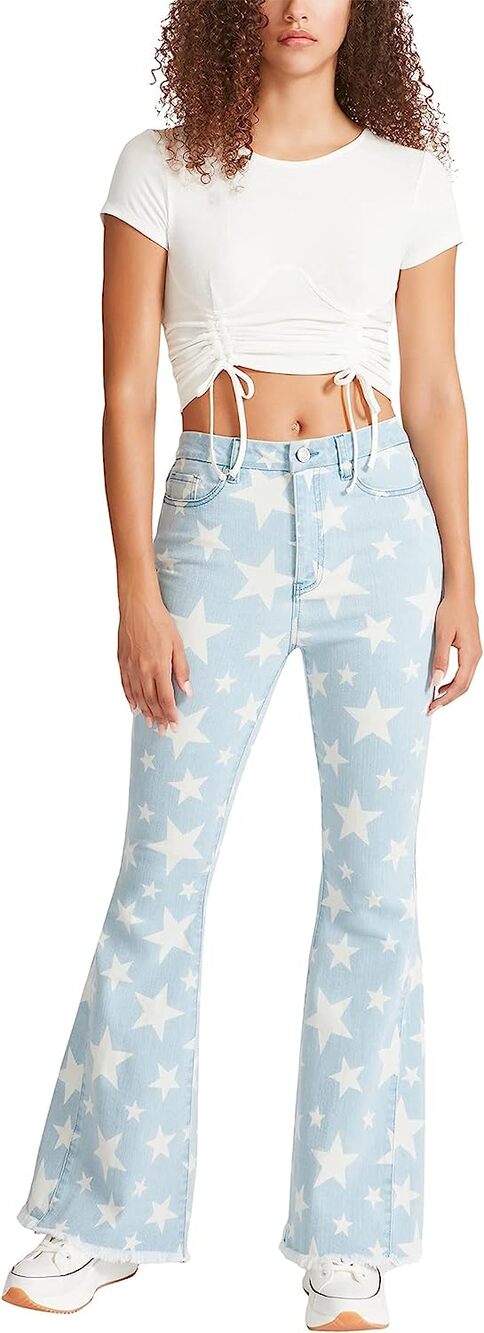 Madden Girl Carly Super High Rise Flare Jeans White Stars Light Blue Size 27 NEW